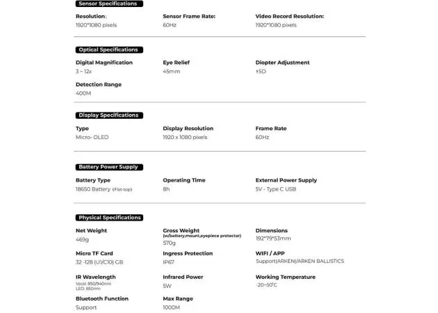 visor nocturno arken zulus hd 3 12x lrf